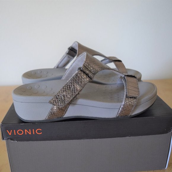 Vionic Shoes - Vionic T-strap Metallic Leather Slides